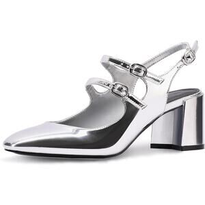 New Adrizzlein Womens Size 7.5 Silver Mary Jane Buckle 2.75" Block Heel Shoes